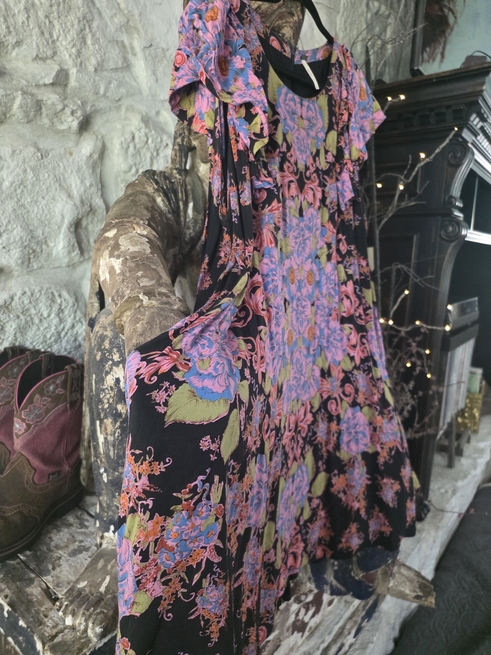 Free People Black Flowers Floral Swing Dress with Pink & Blue Flowers - Picture 8 of 11